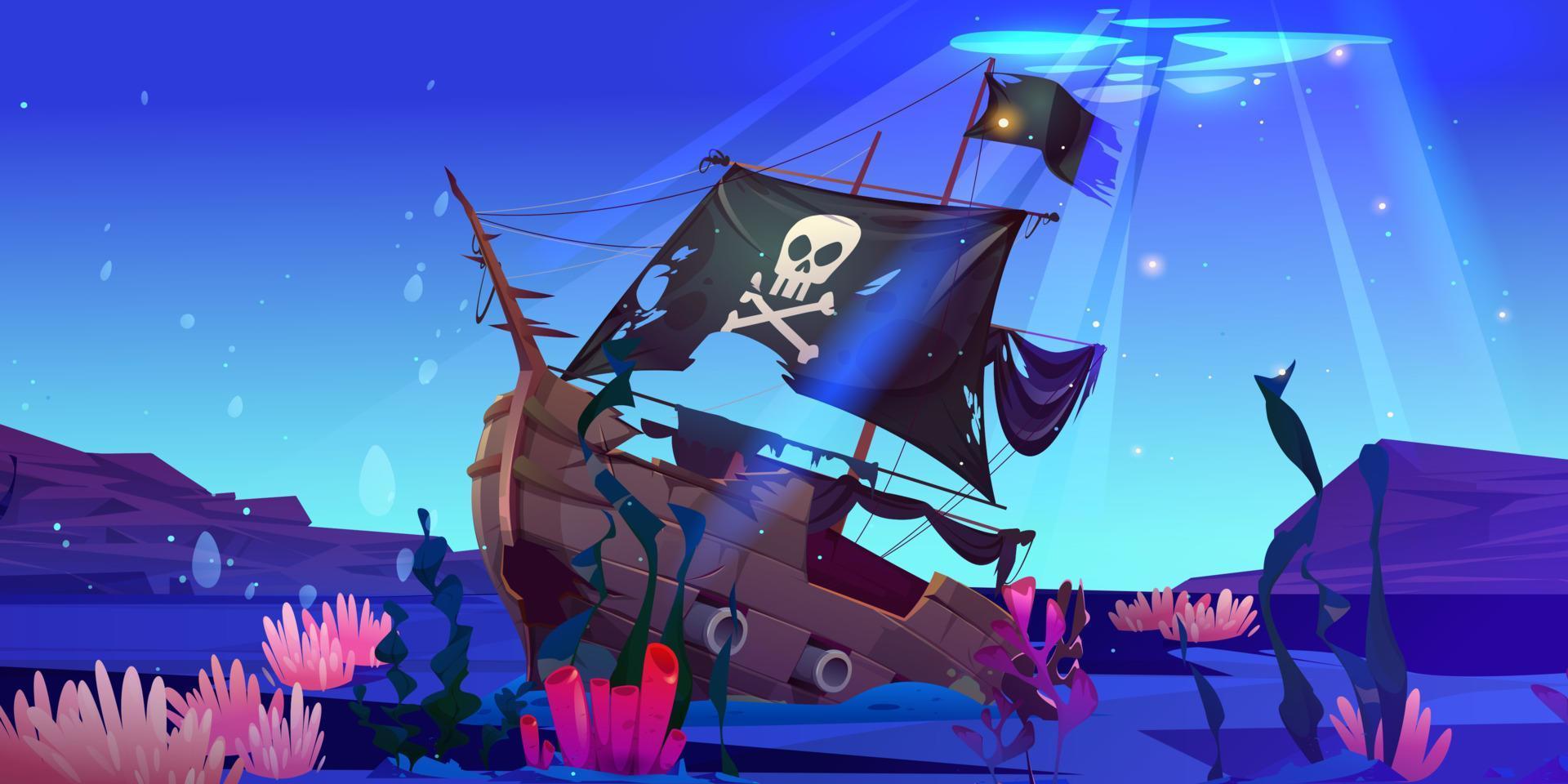 Wreck pirate ship underwater with torn flag vector