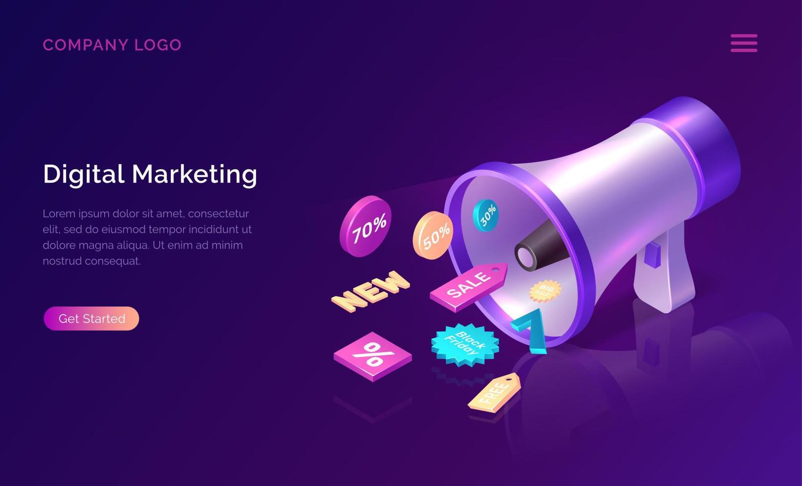 Digital marketing isometric concept with megaphone vector