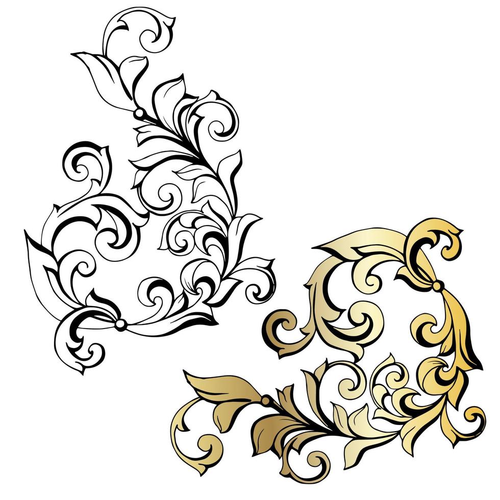 Remolino de ornamento de pergamino barroco vintage de damasco vectorial. remolino del escudo heráldico del monograma victoriano. retro floral hoja patrón borde follaje antiguo acanto caligrafía grabado tatuaje azulejo elemento de decoración vector