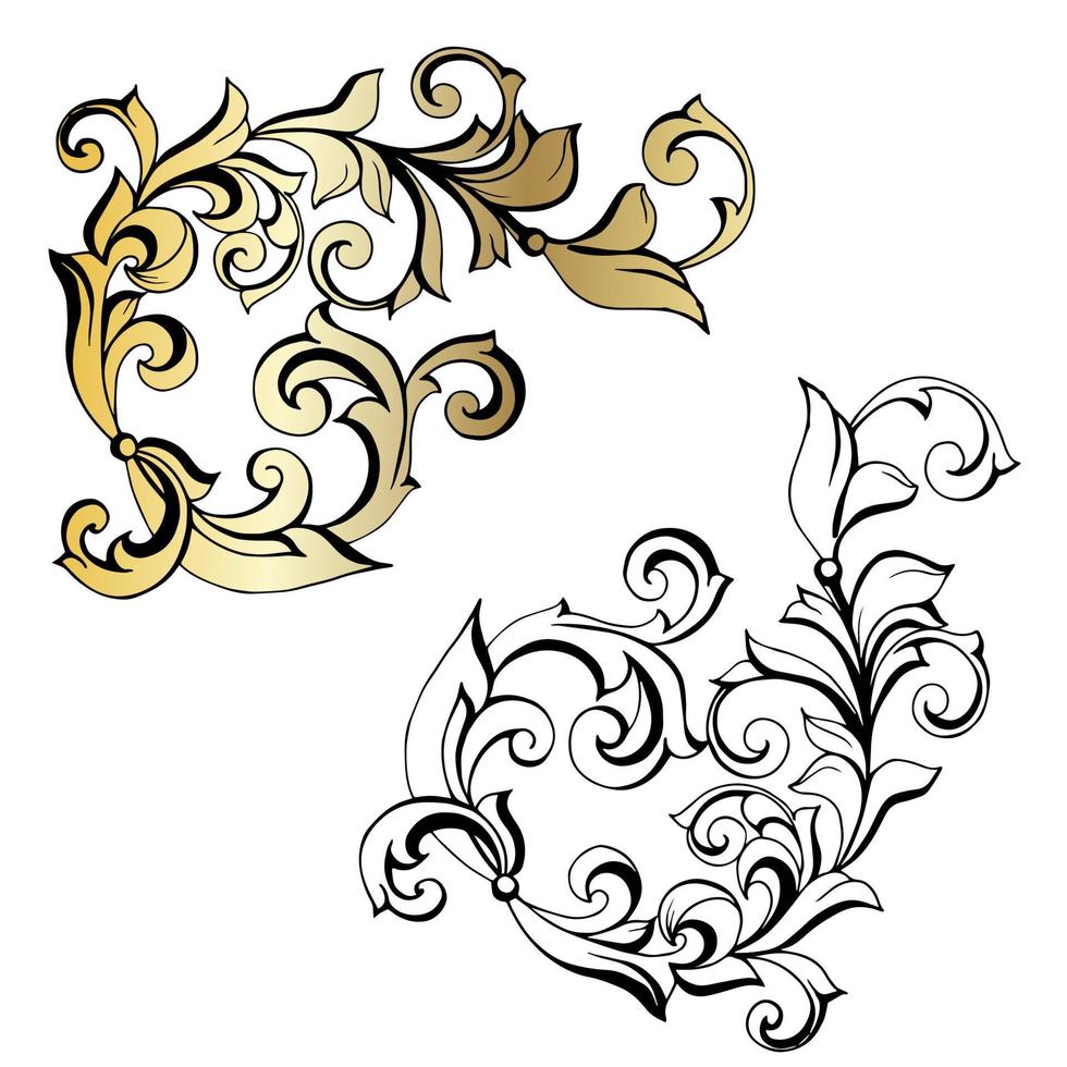 Remolino de ornamento de pergamino barroco vintage de damasco vectorial. remolino del escudo heráldico del monograma victoriano. retro floral hoja patrón borde follaje antiguo acanto caligrafía grabado tatuaje azulejo elemento de decoración vector