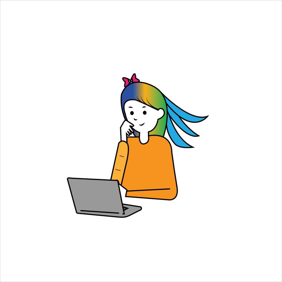 Vector cute girl with computer working on laptop cartoon vector icon illustration. people technology icon concept art.