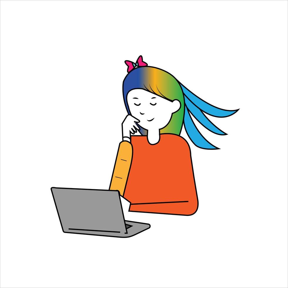 Vector cute girl with computer working on laptop cartoon vector icon illustration. people technology icon concept art.