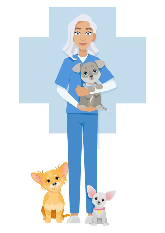 Woman veterinarian holding a dog in her hands vector