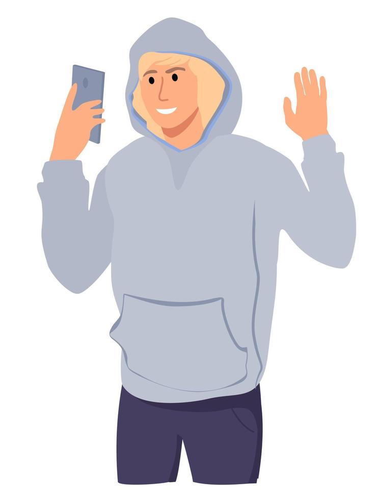 sonriente chico ondulación mano en saludo para retrato en teléfono inteligente cámara. hombre tomando yo foto. móvil teléfono fotografía aislado dibujos animados vector