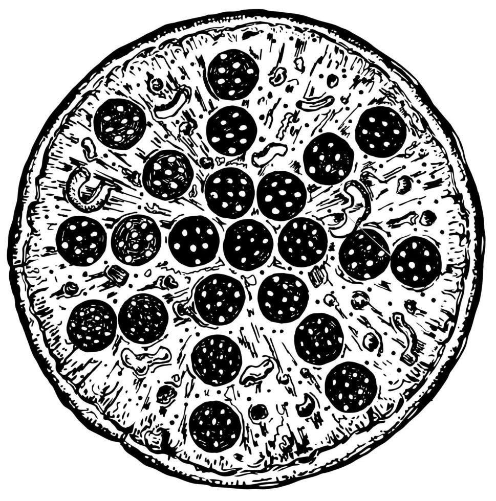Round Pizza with pepperoni, olives and champignons. Italian cuisine. Ink hand drawn. Top view. Food element for menu design vector