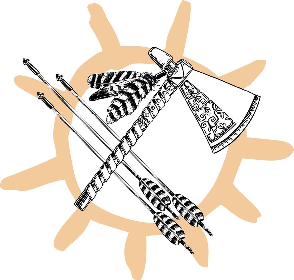 Graphic black and white logo with indian axes and circle ornament. Ethnic element for traditional american design. Tomahawk, arrows, ethnic pattern vector