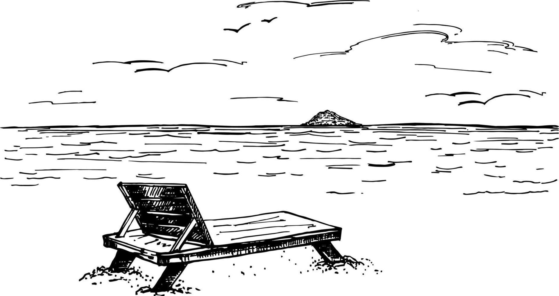 Beautiful hand drawn vacation poster with sea and beach view,  sketch. The beach chair is on the sand. vector