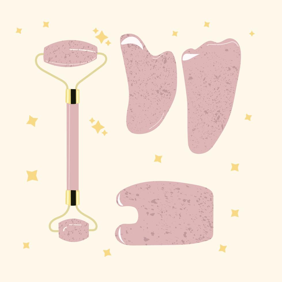 hand drawn rose quartz roller and gua sha set vector