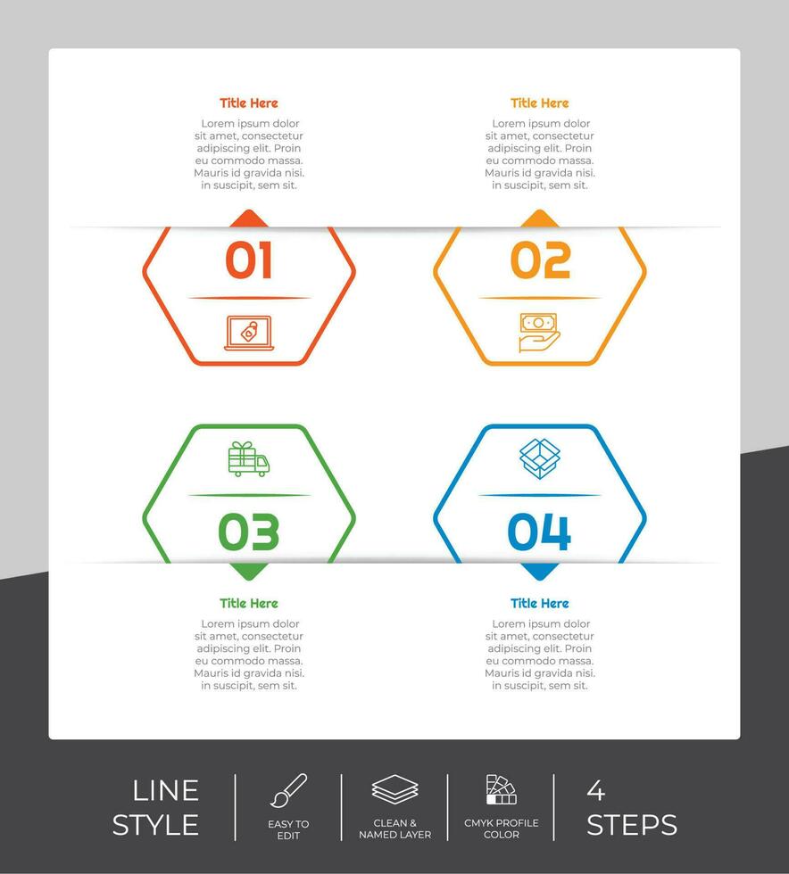 diseño de vector infográfico de flujo de trabajo con 4 pasos y diseño de línea. la infografía de pasos se puede utilizar para presentaciones, informes anuales, fines comerciales.