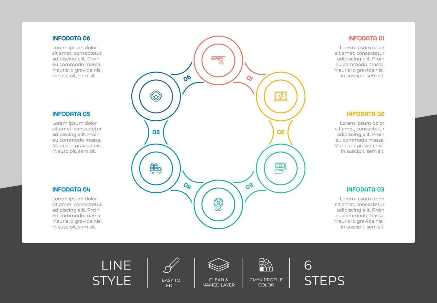 circle step infographic vector design with 6 steps colorful style for presentation purpose.Line step infographic can be used for business and marketing