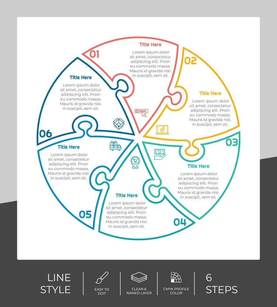 Puzzle step infographic vector design with 6 steps colorful style for presentation purpose.Line step infographic can be used for business and marketing