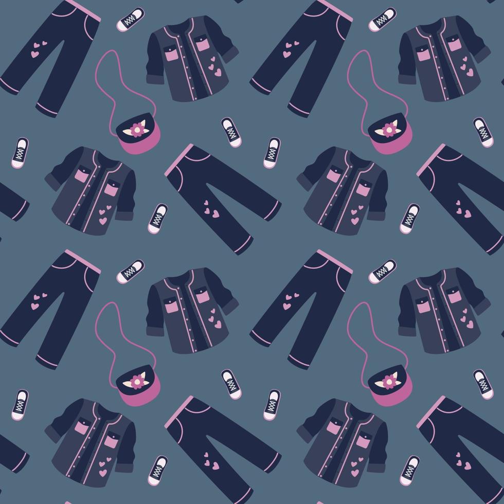 Seamless pattern of clothing - jeans, denim shirt, sneakers and a handbag with a long strap. vector