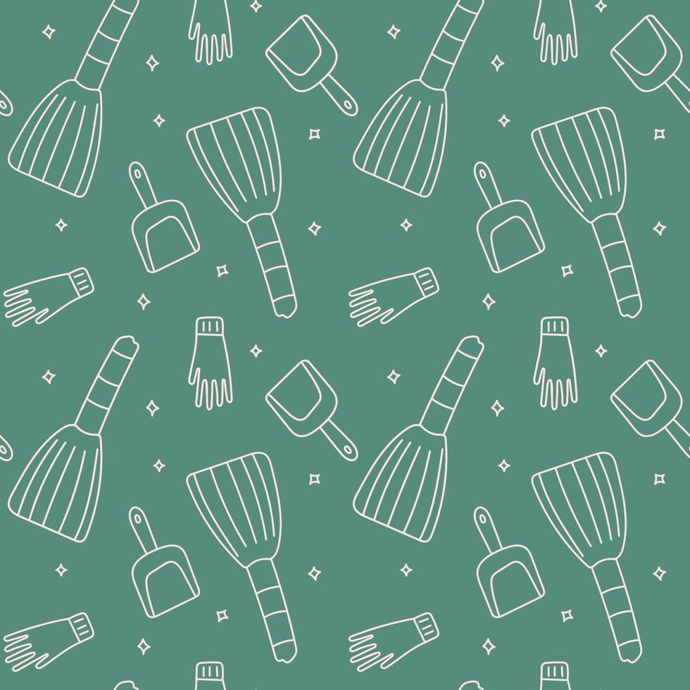 Seamless pattern of a broom, dustpan, rubber glove. vector