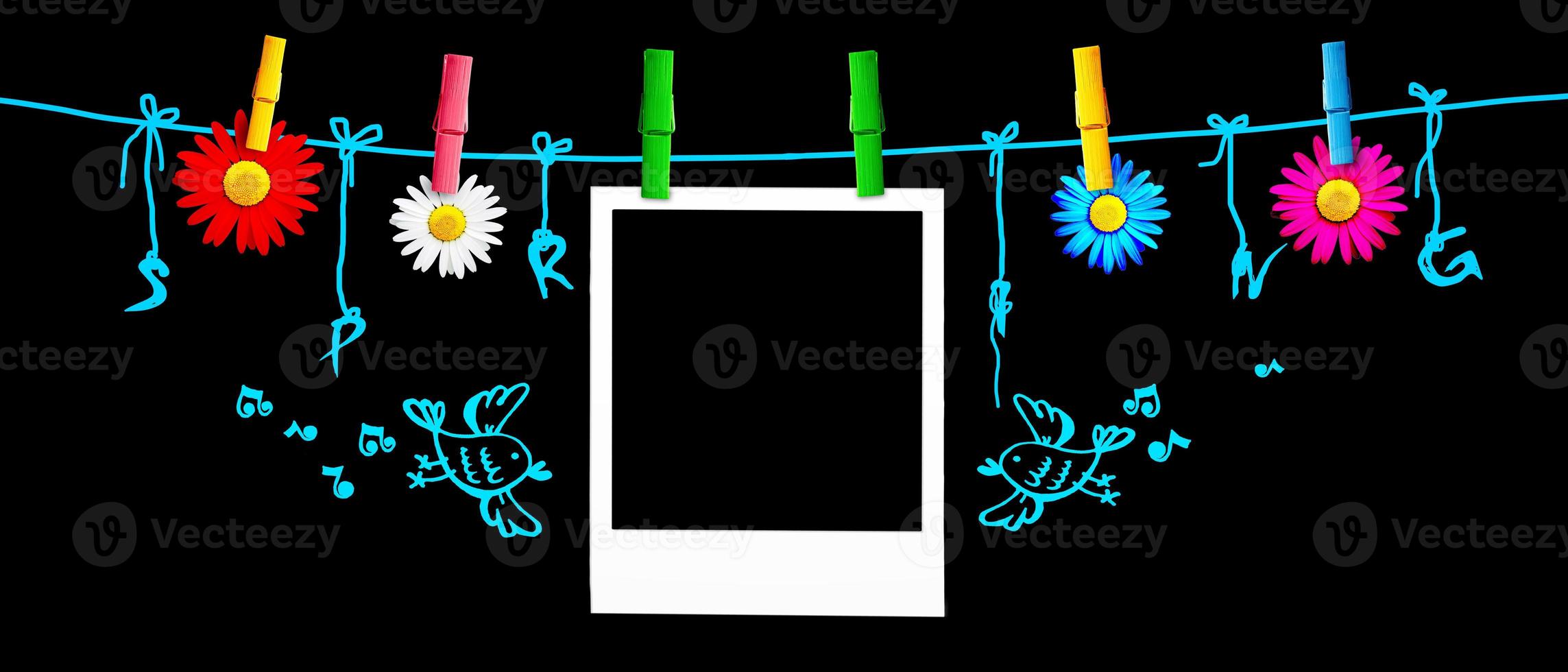 Flowers and polaroid frame with word spring. Creative floral composition. photo