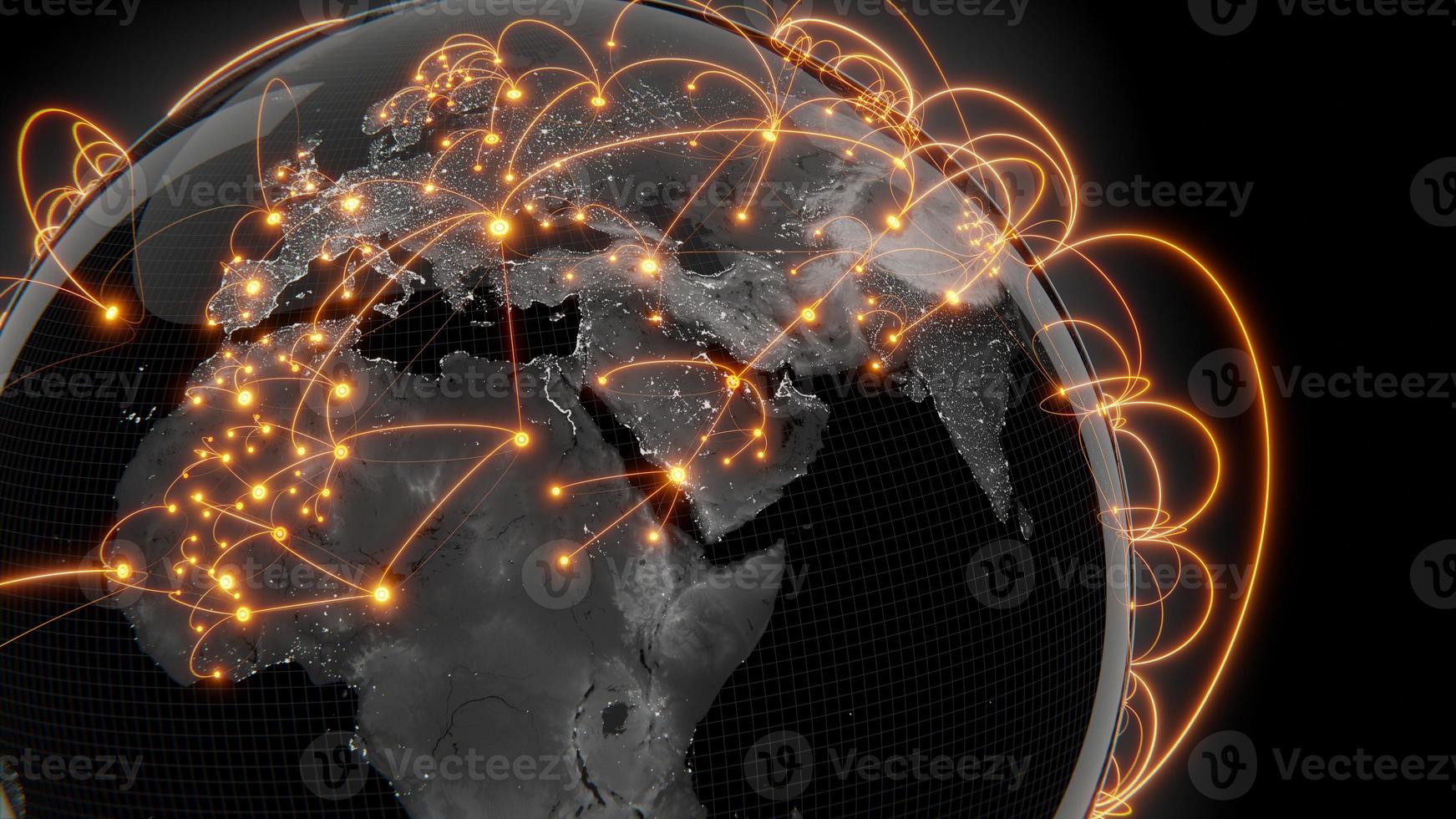 concepto de globalización y comunicación. tierra y rayos luminosos. representación 3d foto