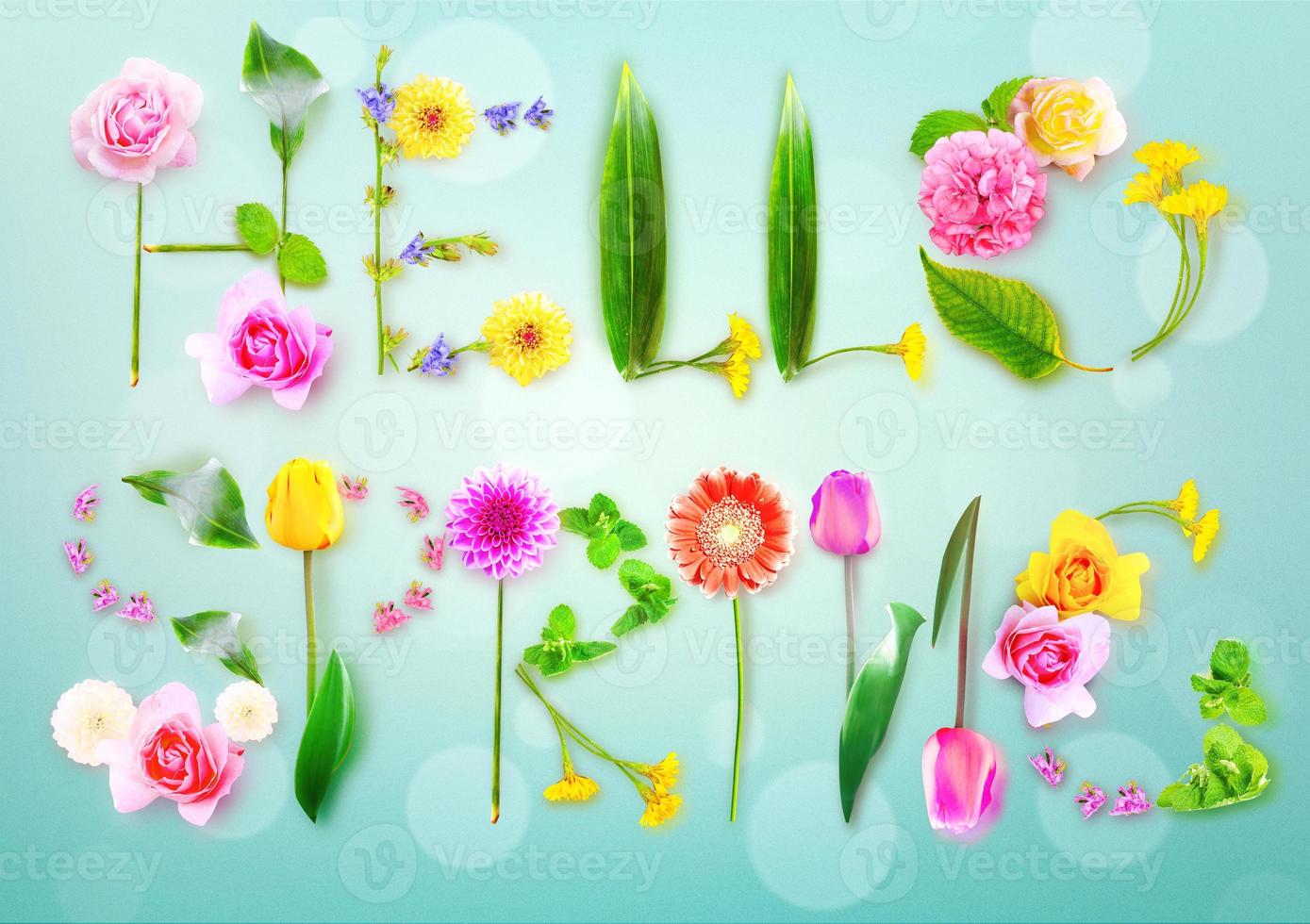 Flowers and herbs with word spring. Creative floral composition. photo