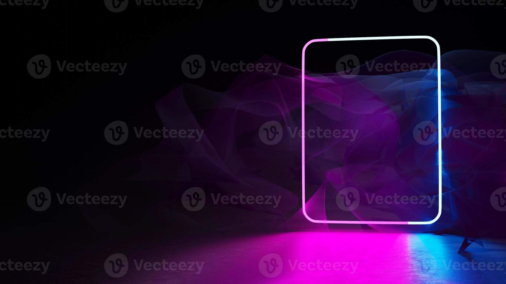 3d, blue pink neon square frame, grungy smog background, space background, photo