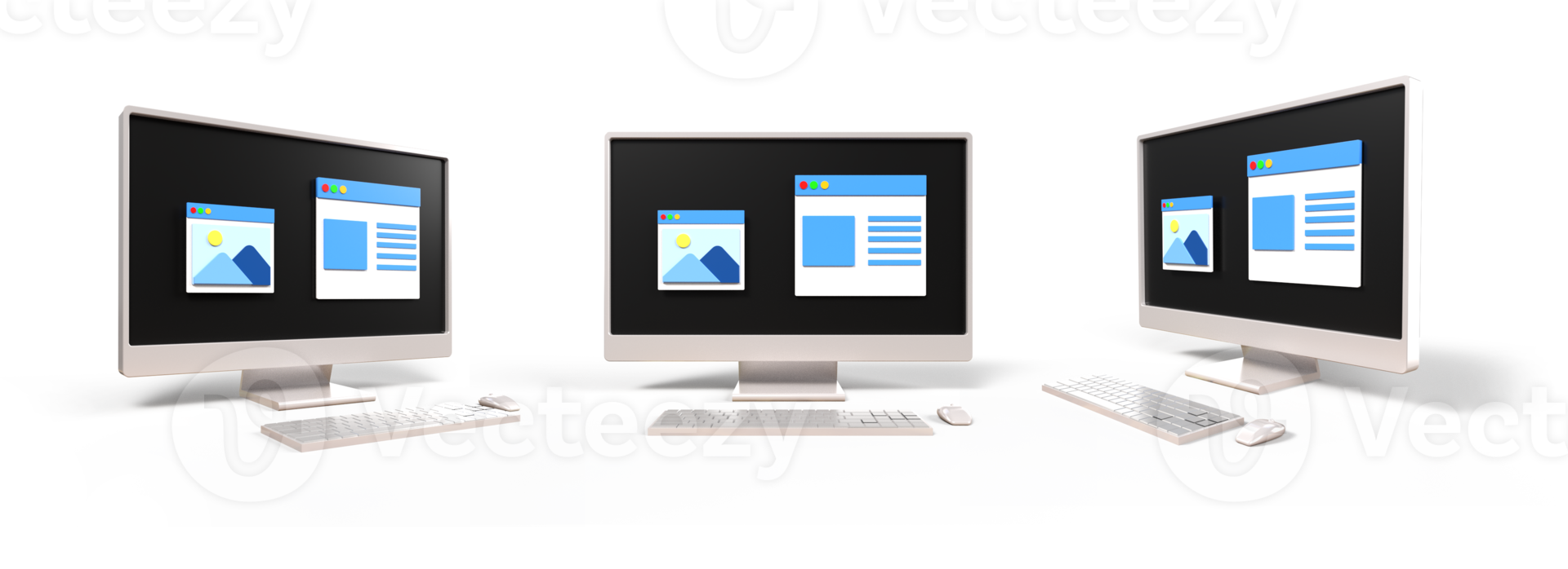 3D computer setup, keyboard, mouse with monitor screen galery pgoto and article, bloging png