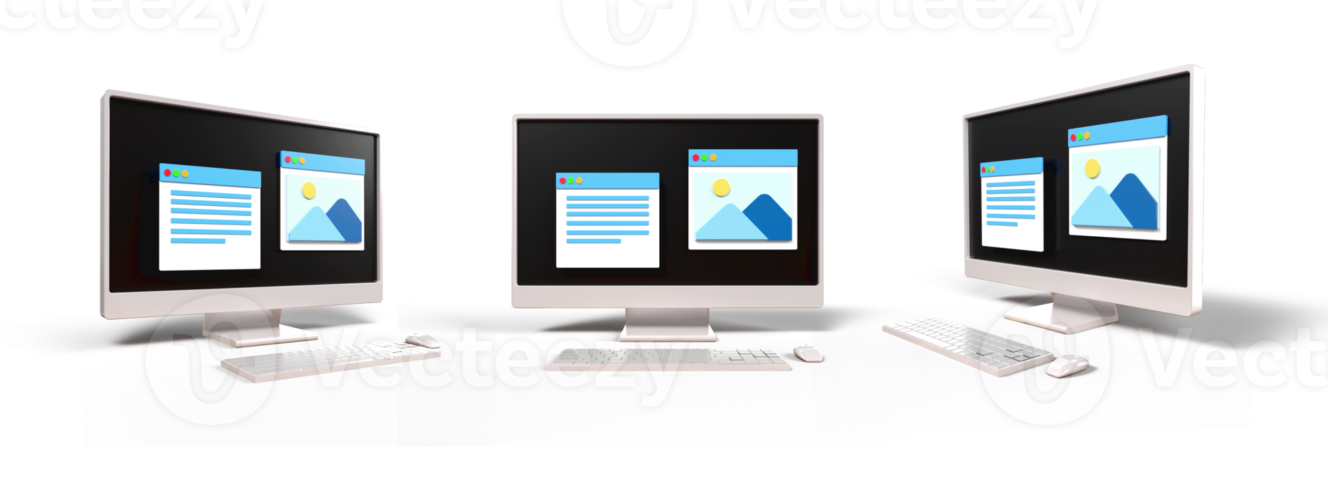 3D computer setup, keyboard, mouse with monitor screen galery pgoto and article, bloging png