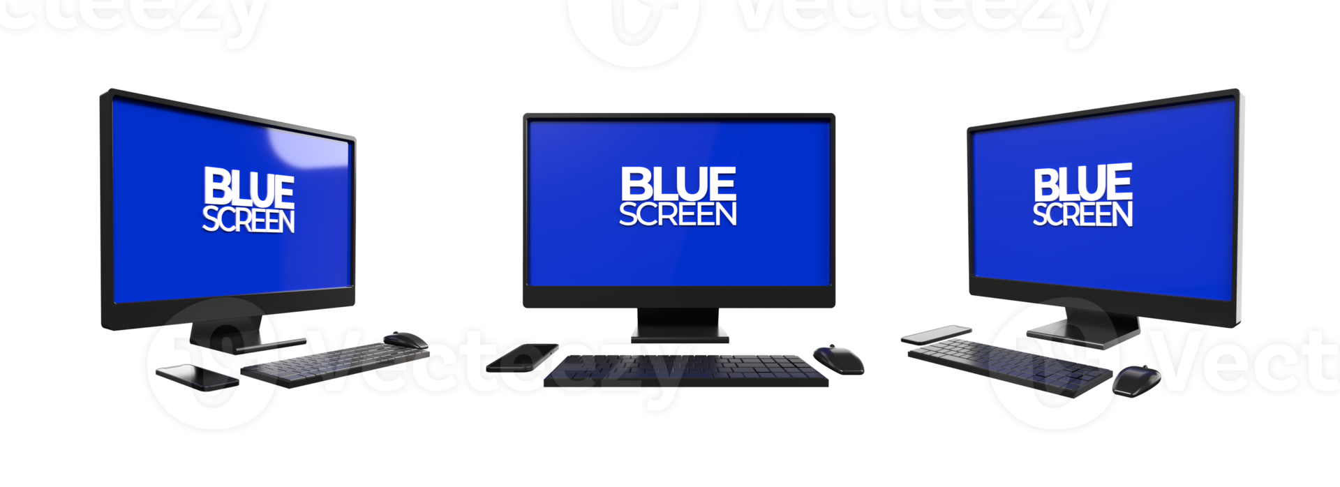 3D computer setup, keyboard, mouse with monitor screen blue screen png