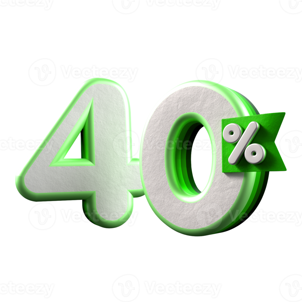 3d number 40 percentage green white, promo sale, sale discount png