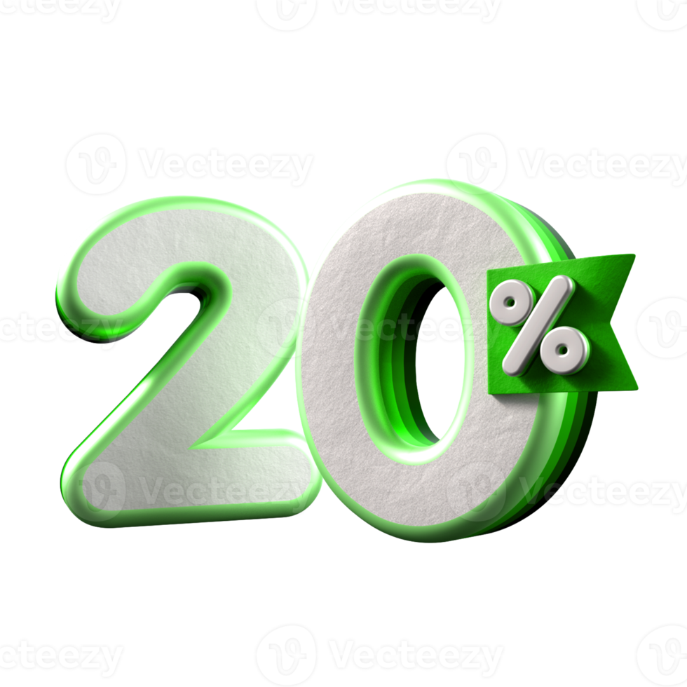 3d number  20 percentage green white, promo sale, sale discount png