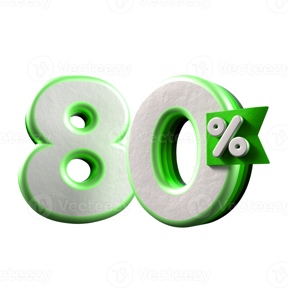 3d nombre 80 pourcentage vert blanc, promo vente, vente remise png