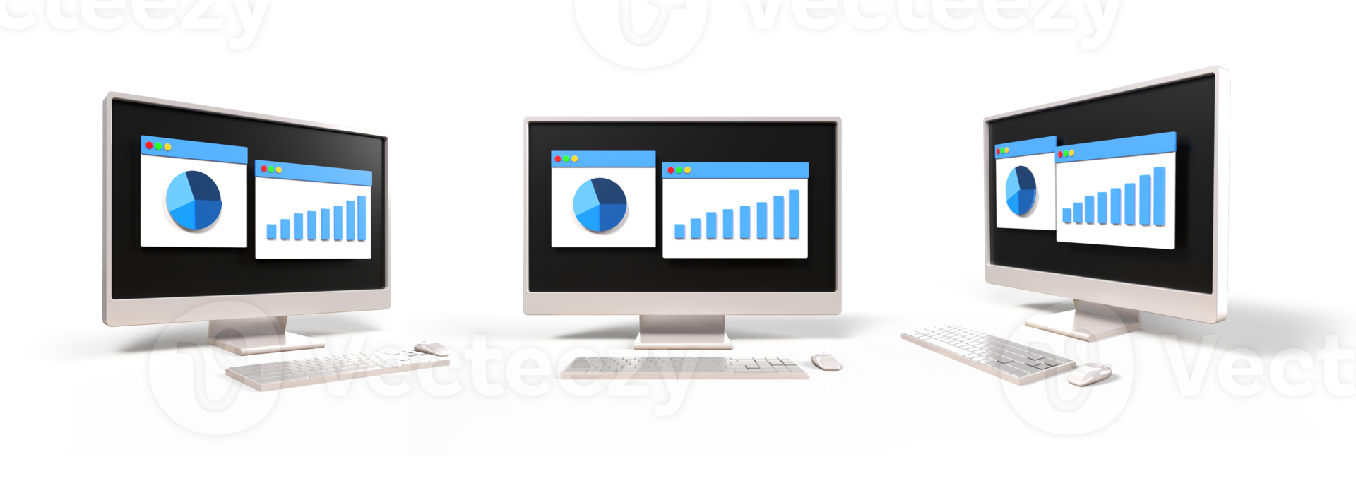 3D computer setup, keyboard, mouse with monitor screen graphic bar, financial, annual report, profitable png