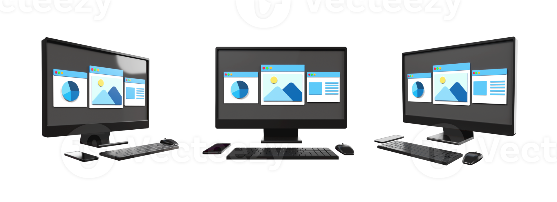 3D computer setup, keyboard, mouse with monitor screen galery, article, pie diagram png
