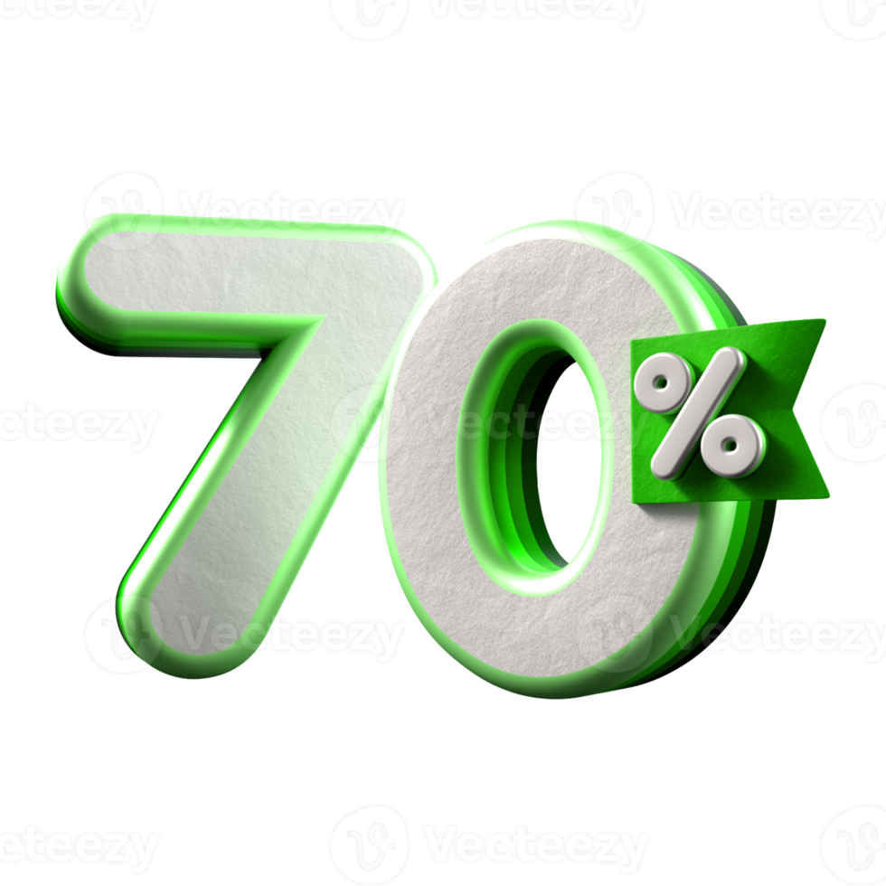 3d number 70 percentage green white, promo sale, sale discount png