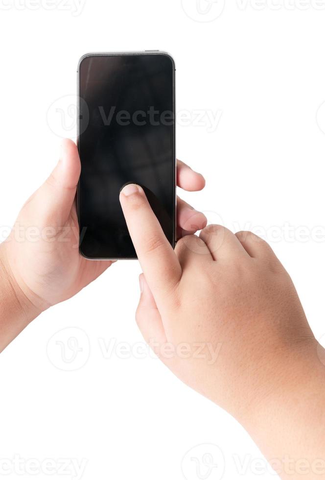 kid hand touch on mobile smart phone with blank screen. photo