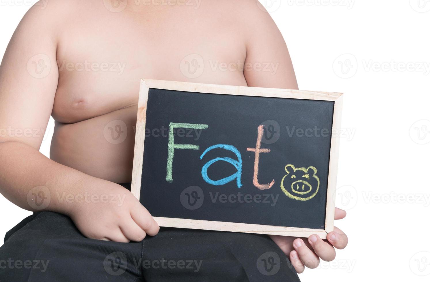 obese fat boy holding blackboard photo