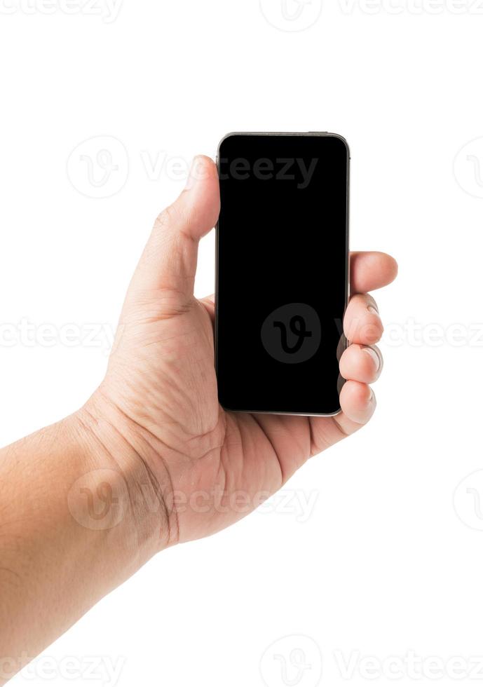 Hand holding mobile smart phone with blank screen. photo