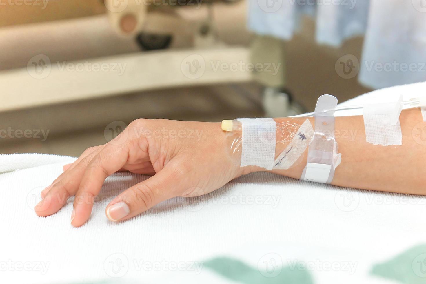 Close up saline drip in patient's hand in hospital.Health insurance plan photo