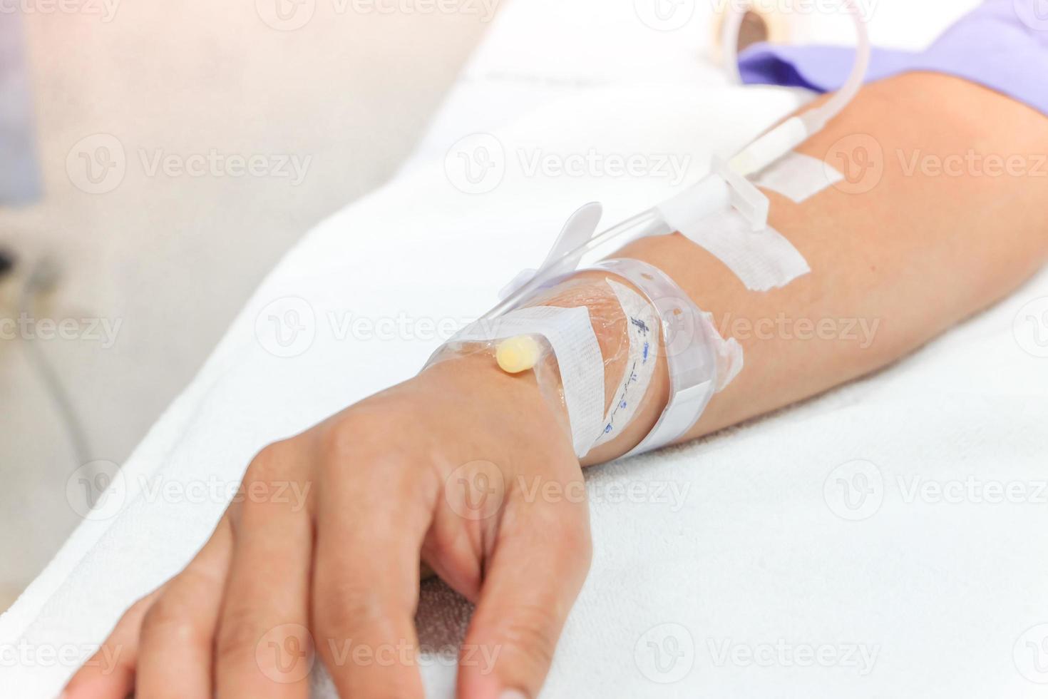 Close up saline drip in patient's hand in hospital photo