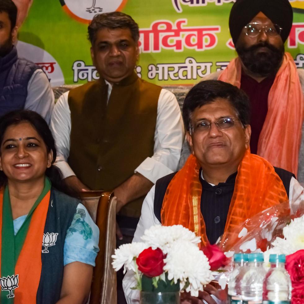 New Delhi, India - November 27 2022 - Piyush Goyal Cabinet Minister and core member of Bharatiya Janata Party BJP during a rally in support of BJP candidate ahead of MCD local body Elections 2022 photo