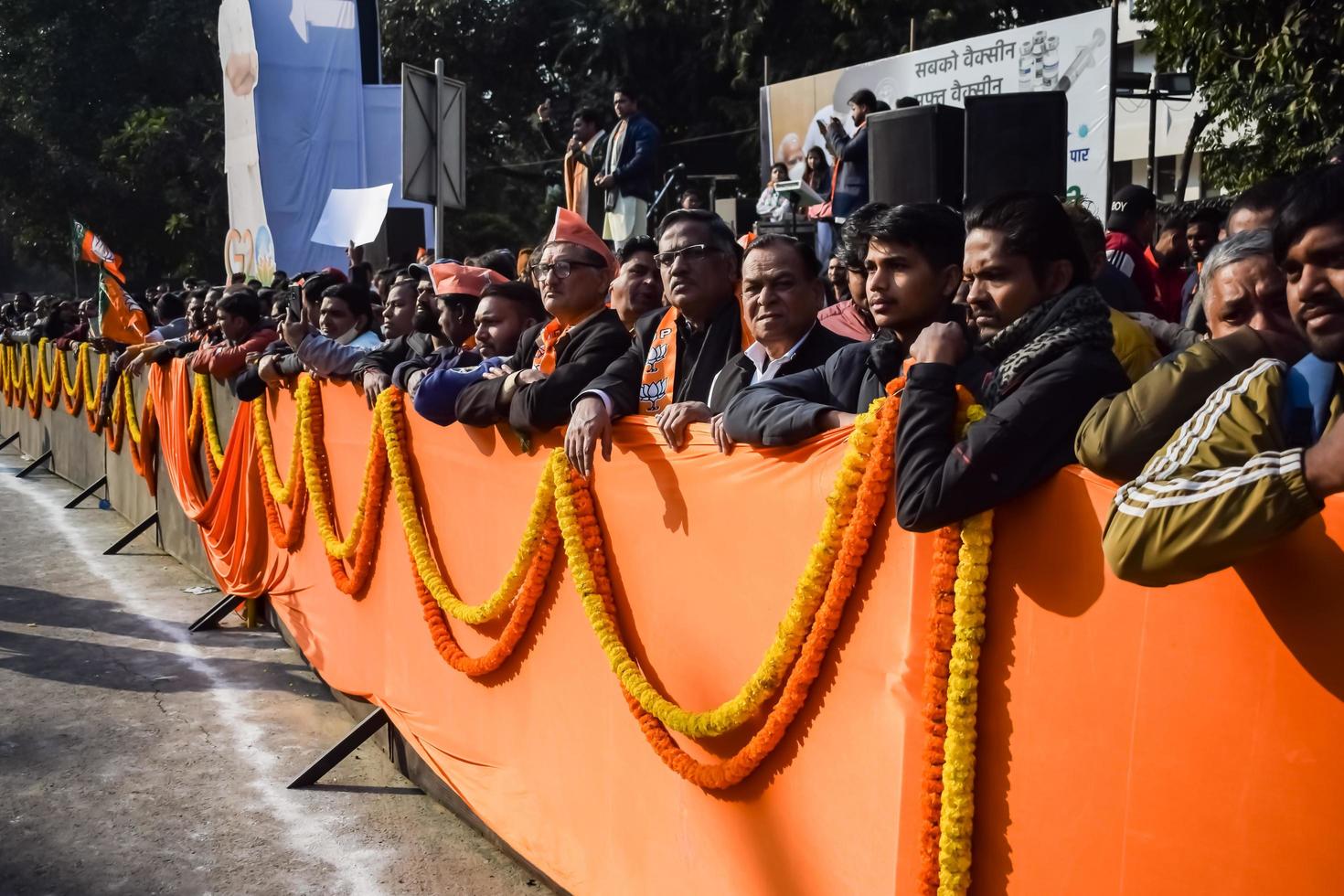 New Delhi, India - January 16 2023 - Thousands of people collected during Prime Minister Narendra Modi BJP road show, people during PM Modi big election rally in the capital photo