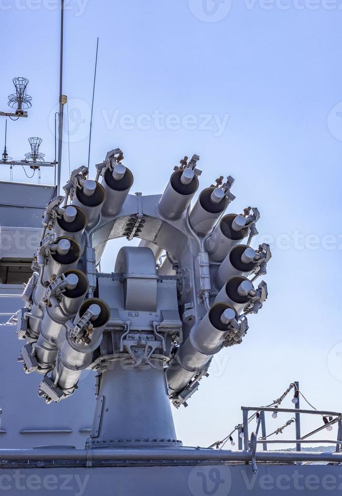 A dangerous weapon ship launcher. The battery of guns of gray. For the defense of military ships photo