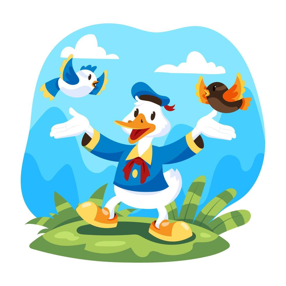 contento Pato jugar con aves vector