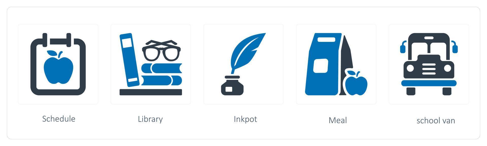 A set of 5 Education icons such as schedule, library and inkpot vector