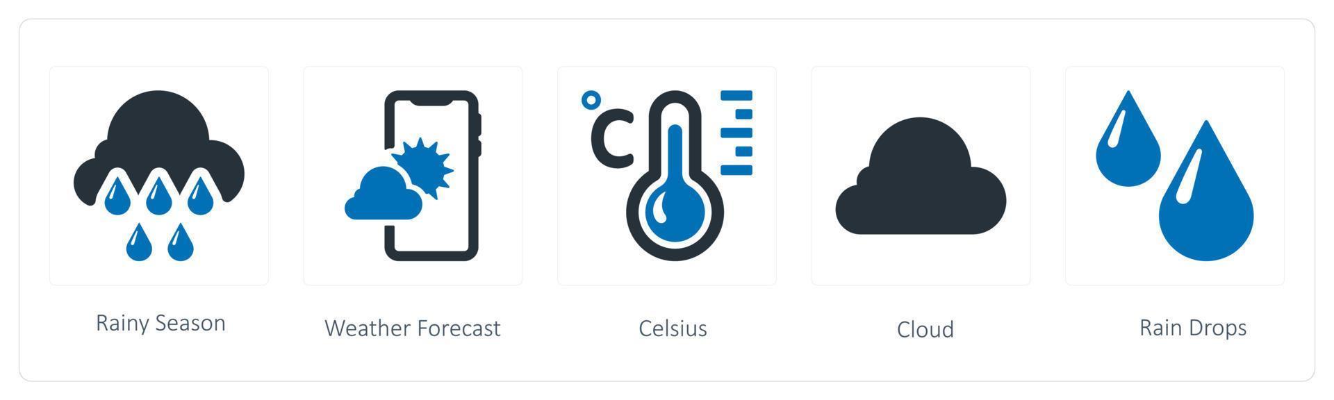 un conjunto de 5 5 clima íconos tal como lluvioso estación, clima pronóstico y Celsius vector