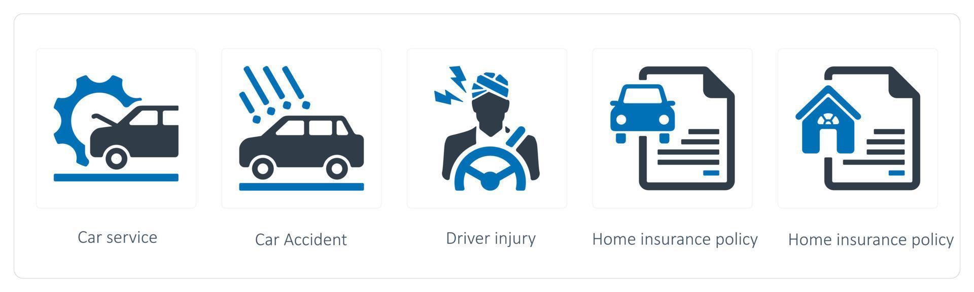 A set of 5 Insurance icons such as car service, car accident and driver injury vector