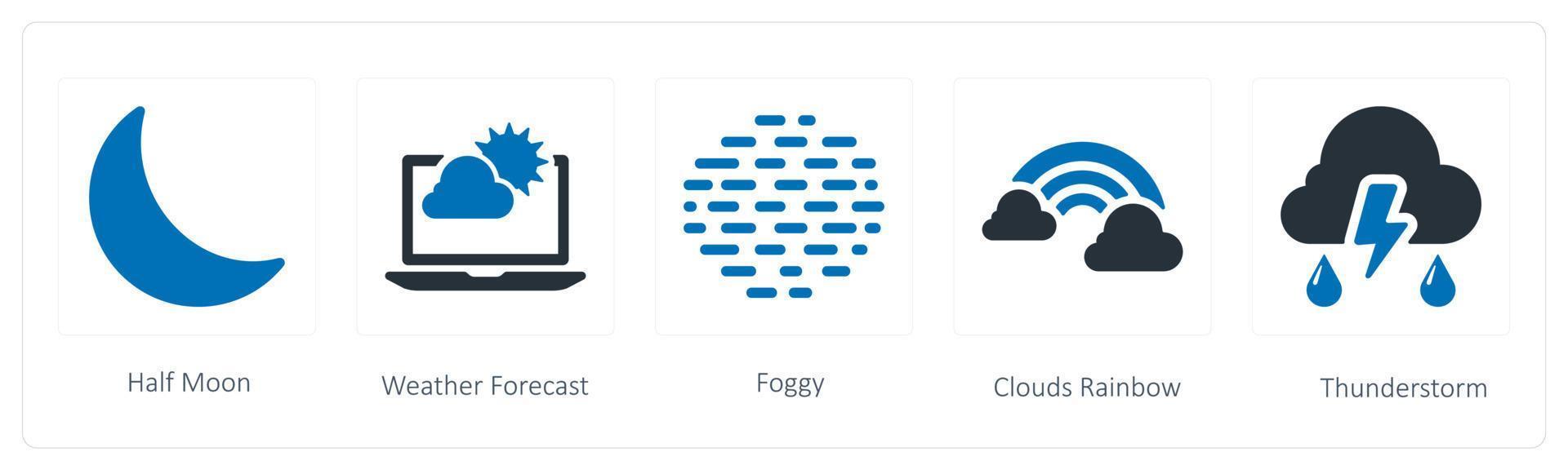 A set of 5 weather icons such as half moon, weather forecast and foggy vector