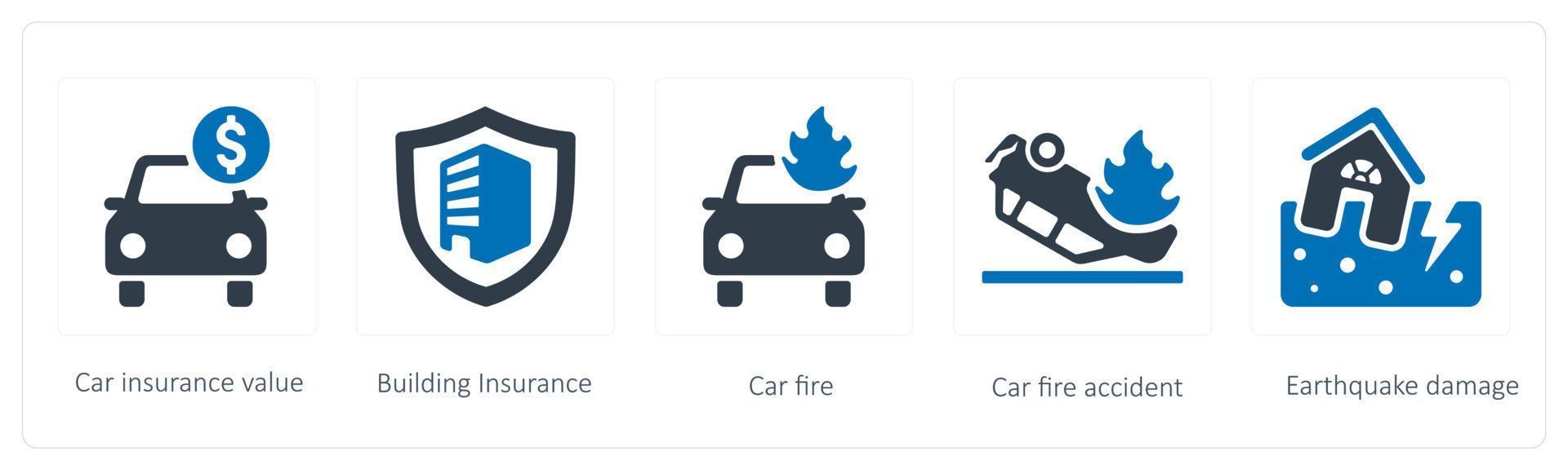 A set of 5 Insurance icons such as Car insurance value and car fire vector