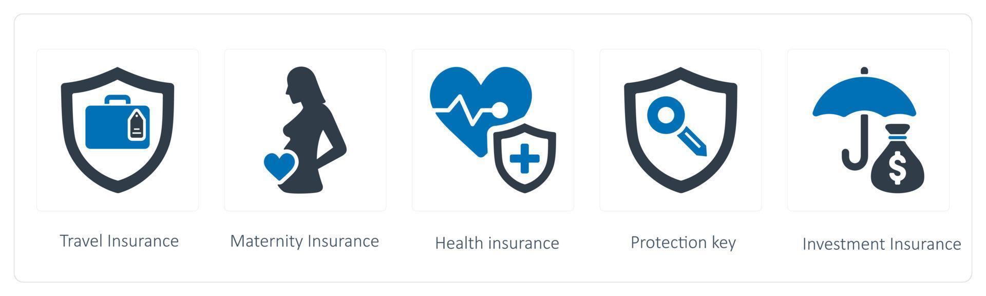 A set of 5 Insurance icons such as travel insurance and Maternity Insurance vector