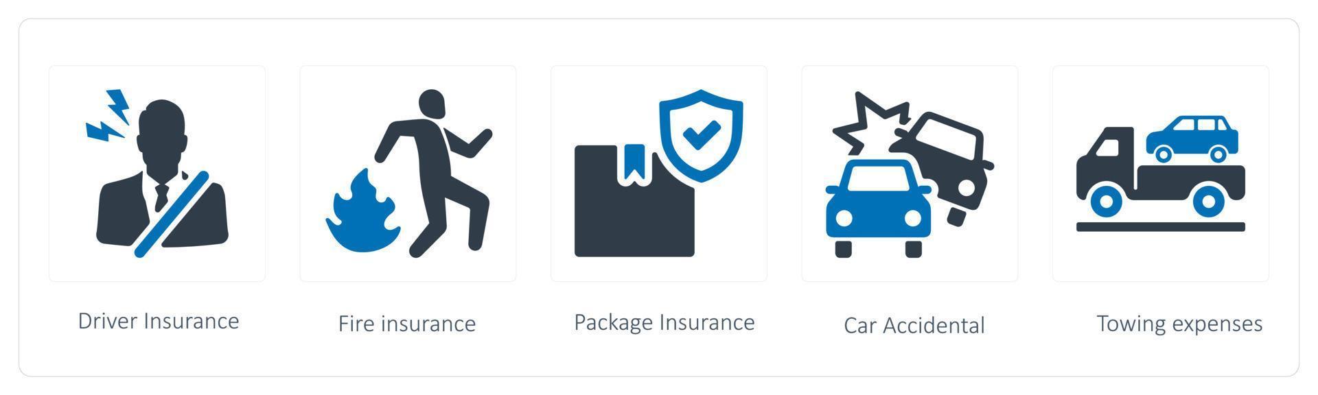 A set of 5 Insurance icons such as driver insurance, fire and package insurance vector