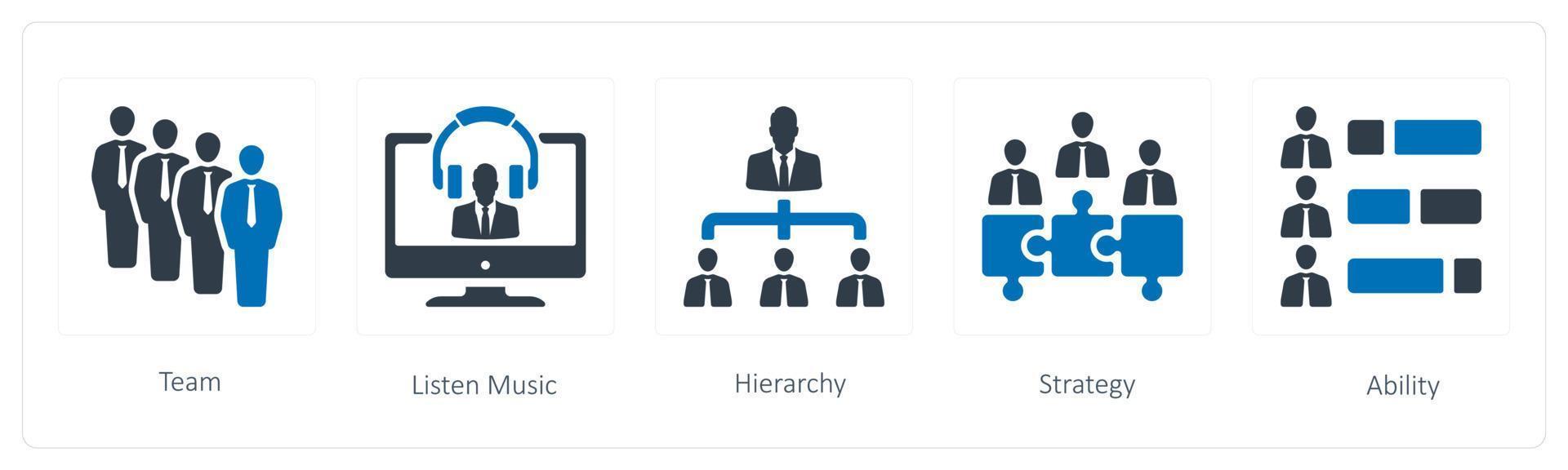 A set of 5 Human Resource icons such as team, listen music and hierarchy vector