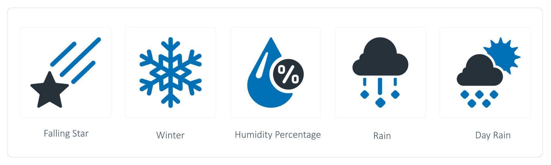 A set of 5 weather icons such as falling, star, winter and humidity percentage vector