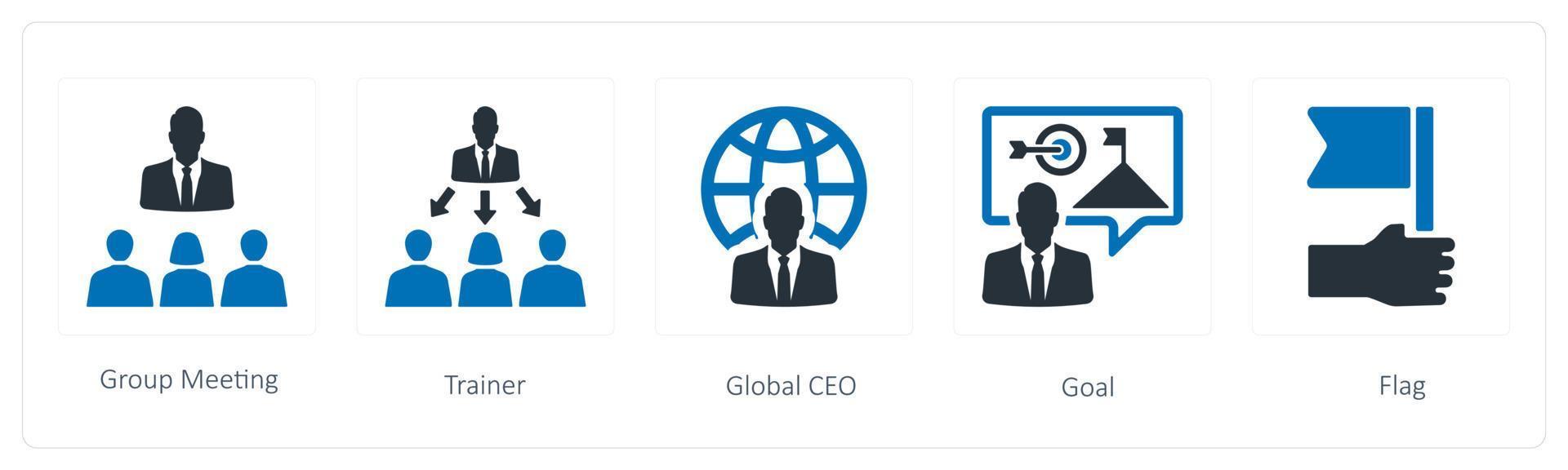 A set of 5 business icons such as Group Meeting, Trainer and Global CEO vector