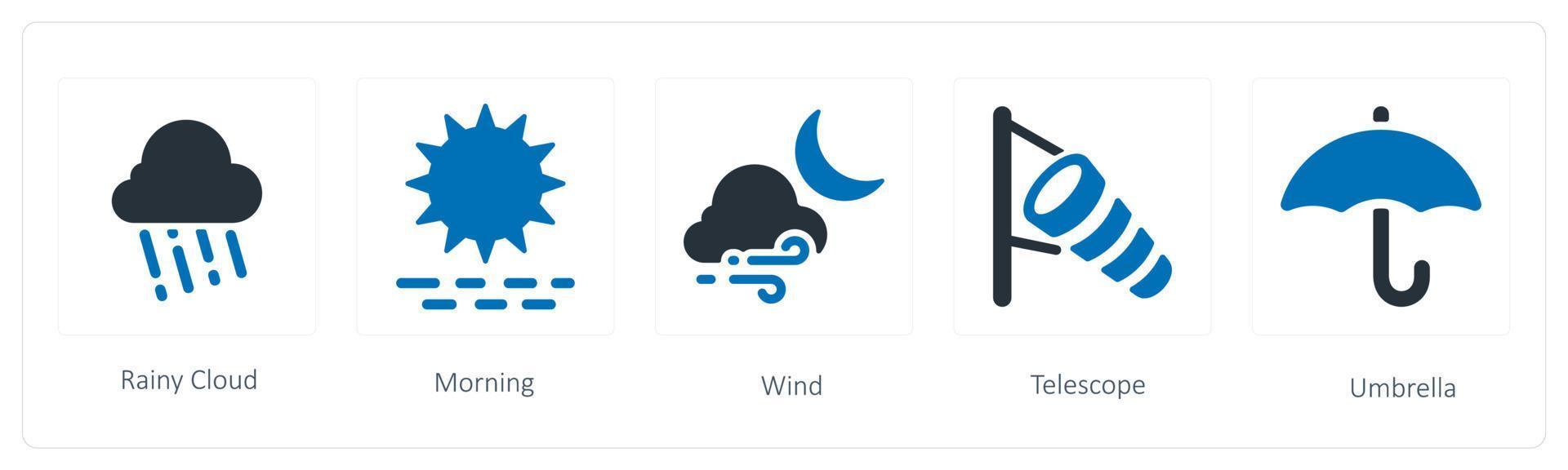 A set of 5 weather icons such as rainy cloud, morning and wind vector